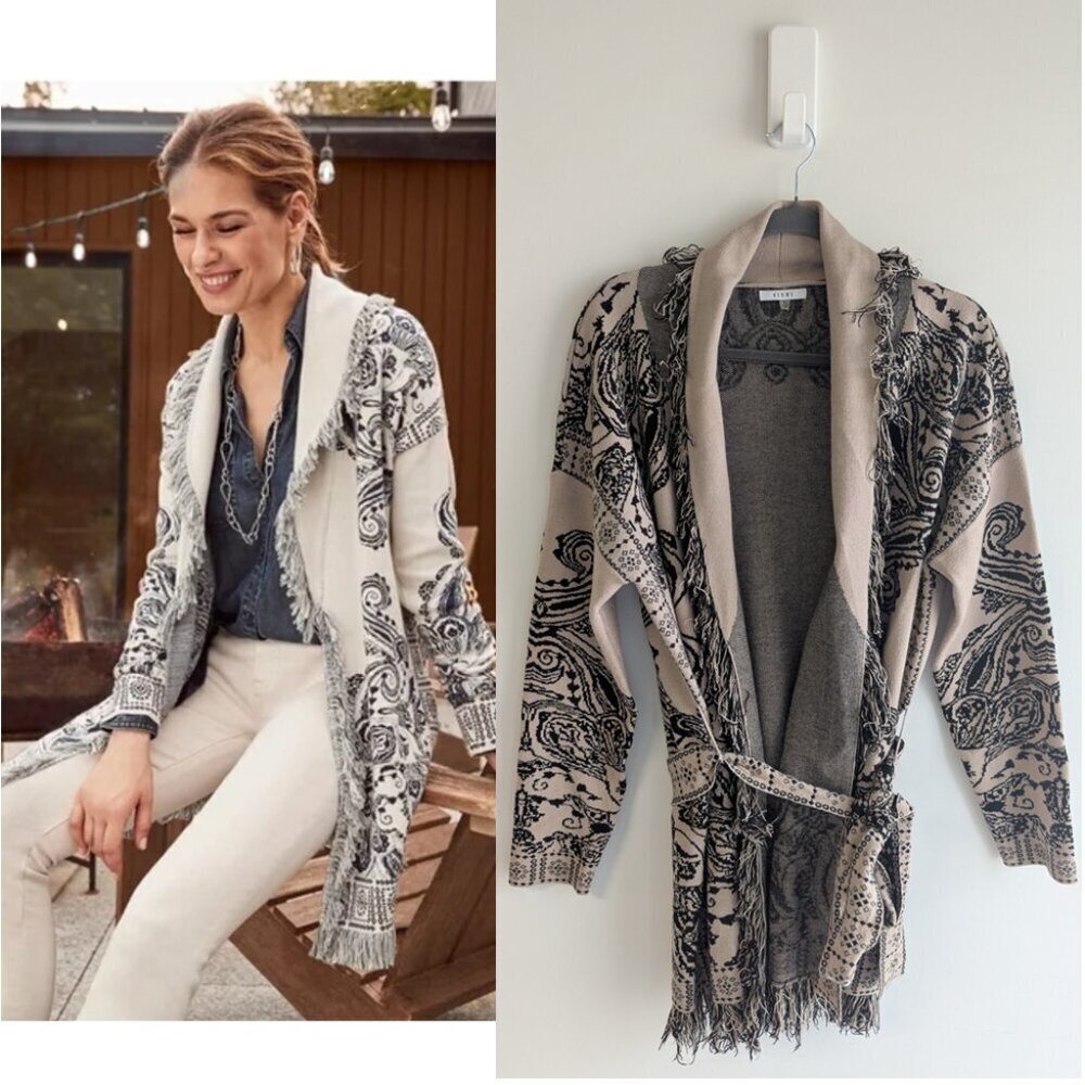 Sioni Paisley Jaquard Fringe Shawl Knit Sweater Cardigan